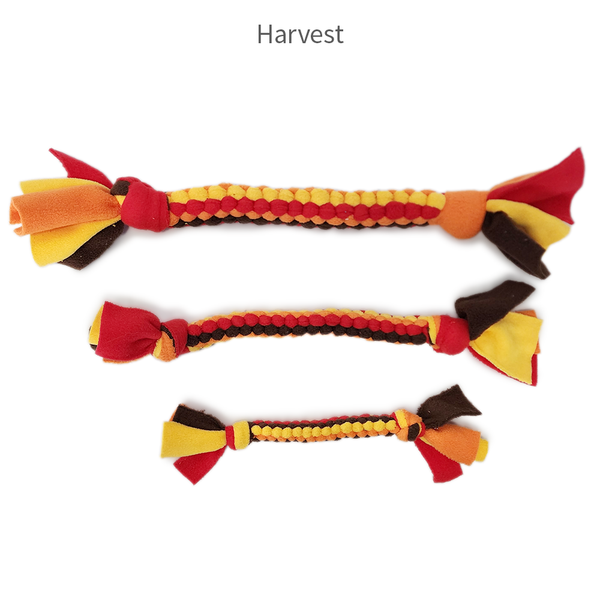 Handmade fleece dog tug toy in Harvest color