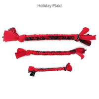 Handmade fleece dog tug toy in Holiday Plaid color