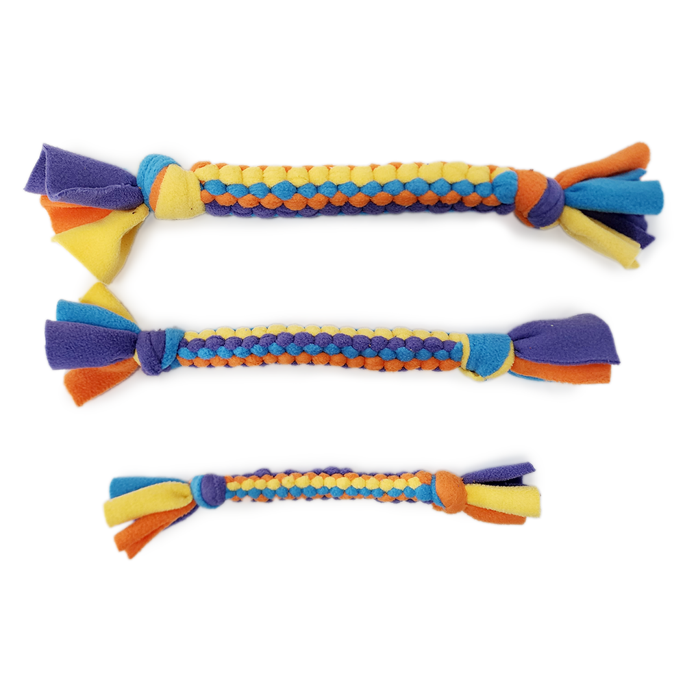 Handmade braided fleece dog tug toy in signature colors