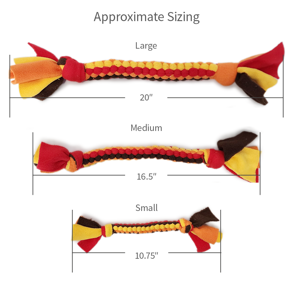 Handmade fleece dog tug toy sizing chart in Harvest color