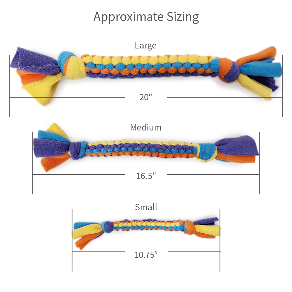 Handmade braided fleece dog tug toy sizing chart in signature colors