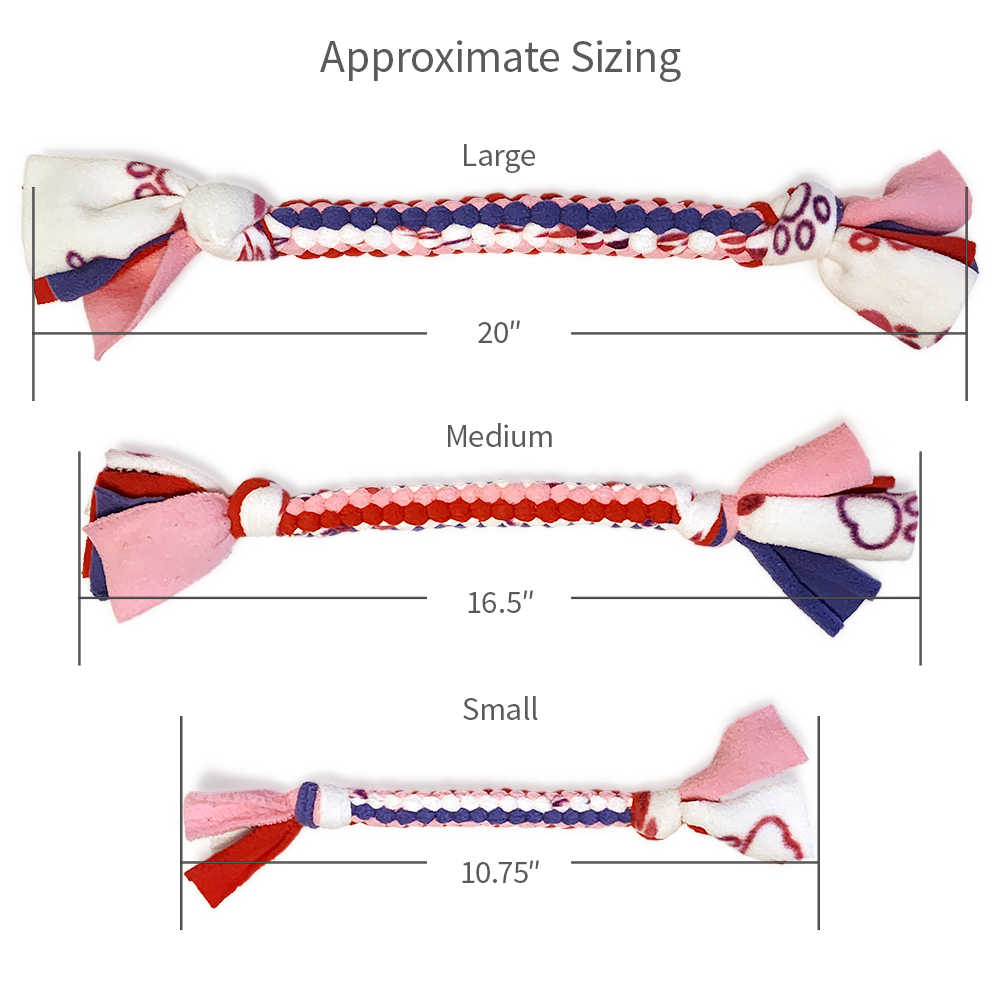 Handmade braided fleece dog tug toy sizing chart in Valentine colors